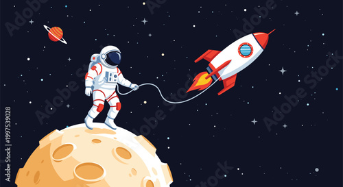 Astronaut in a spacesuit walking on the moon while holding a tethered rocket against a starry deep space background.