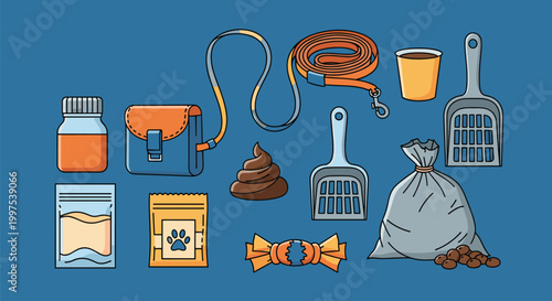 Collection of pet care essentials including a leash, food, scoops, and waste bags arranged on a solid blue background.