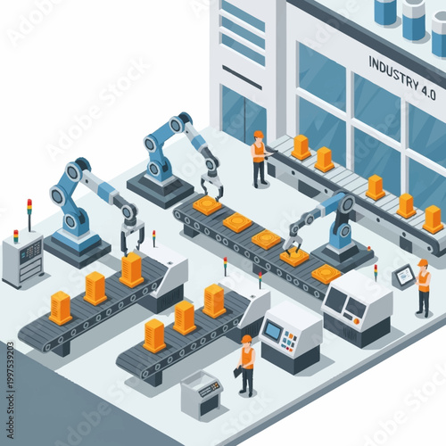 Modern automated factory with robotic arms and conveyor belts.