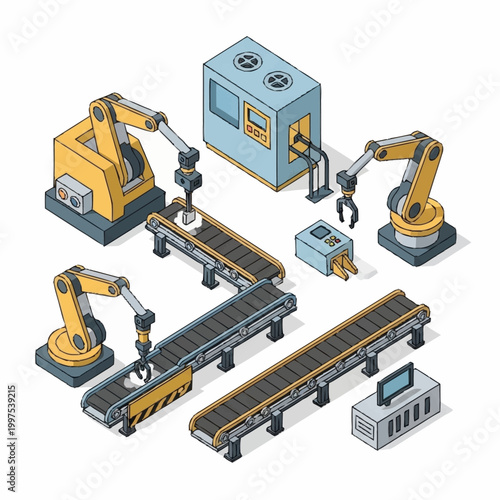 Automated Industrial Factory Production Line with Robotic Arms.