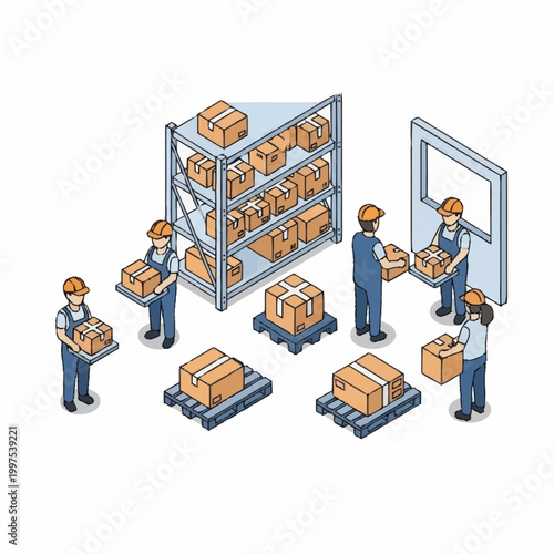 Warehouse workers organizing and moving boxes on pallets.