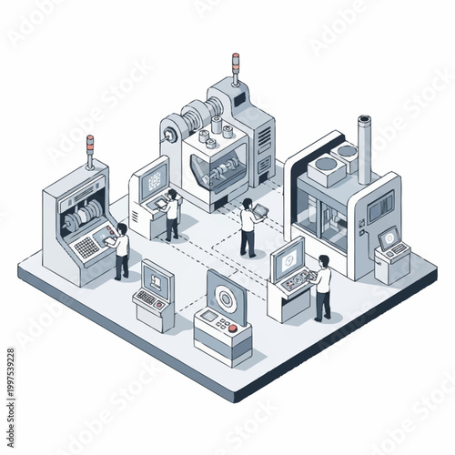 Modern automated factory production line with workers.