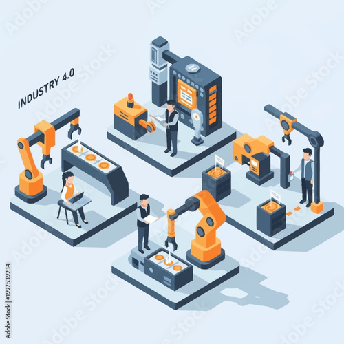 Industry 4.0 concept with robotic arms and automated manufacturing processes.