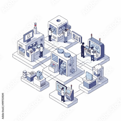 Modern automated factory production line with robotic arms and human workers.