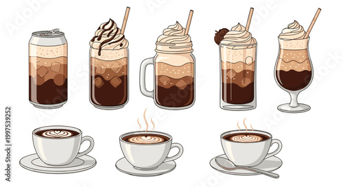 Variety of gourmet coffee beverages including iced lattes with whipped cream and hot coffee cups with artistic foam patterns.