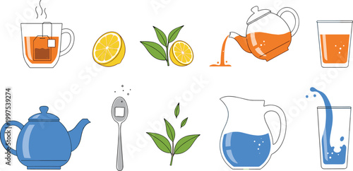 Healthy Tea and Refreshment Icon Set Featuring Teapots Lemon Slices Green Leaves Teabags and Water Pitchers for Cafe Menus Wellness Branding and Healthy Lifestyle Graphic Designs