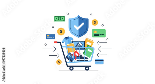 Secure E-commerce & Online Shopping: Protected Payments, Diverse Products in Shopping Cart Illustration