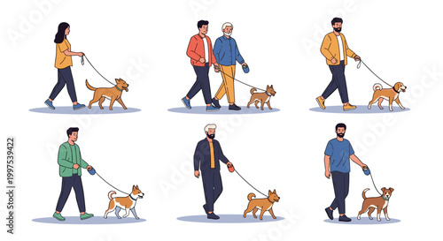Diverse group of people walking their pet dogs of various breeds on leashes through a clean, minimalist outdoor setting.