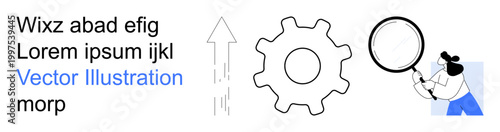 Workflow optimization, business strategy, process improvement, analysis, system mechanics, efficiency. Illustration of gear, arrow and person using a magnifying glass. Workflow optimization
