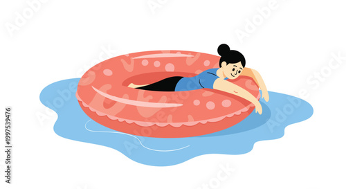 Relaxed woman lying on a large pink inflatable inner tube while floating peacefully in a pool of bright blue water during summer.