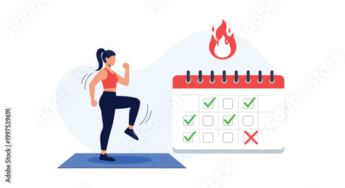 Athletic woman exercising on a mat next to a calendar marked with successful workouts and a fire intensity icon.