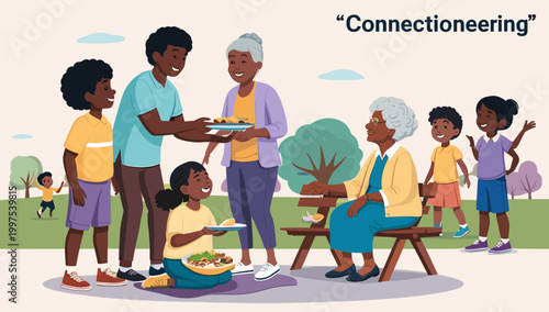 A heartwarming illustration depicting a joyful family moment in a park. Ideal for representing childhood, togetherness, and positive relationships in 