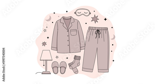 Cozy sleepwear set including comfortable pajamas, sleeping mask, warm socks, slippers, and bedside lamp for a good night rest.