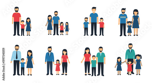 Diverse collection of happy family members including parents with daughters and sons in various group sizes for social project designs.