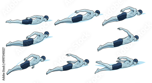 Professional male swimmer performing freestyle stroke technique shown in various sequence frames for sports education and training guides.