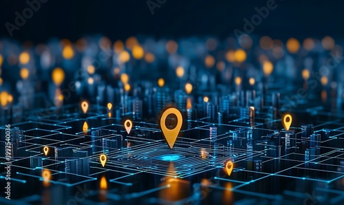 Futuristic digital city showing buildings and connections with location markers.