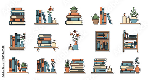 Cute decorative sticker set featuring various bookshelves with stacks of books, potted plants, and aromatic candles for home decor ideas.
