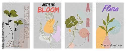Artistic botanical poster set with spring flowers and modern calligraphy for branding and decor