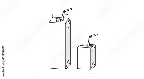 Simple black and white line drawing of two juice or milk cartons with drinking straws in different sizes for product design.