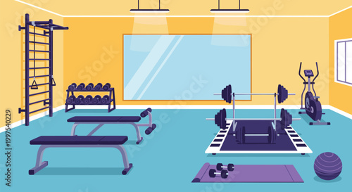 Spacious modern gym interior with fitness equipment including weight benches, dumbbells, exercise bike, and mirror for workout motivation.