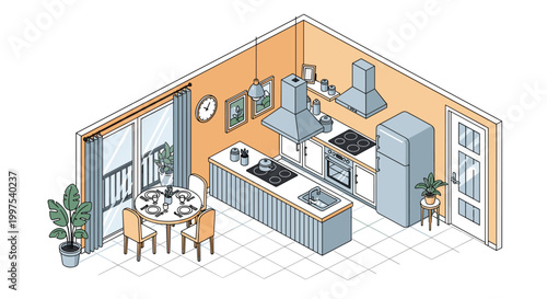 Beautiful isometric modern kitchen design with a functional cooking island breakfast table refrigerator and large glass doors.