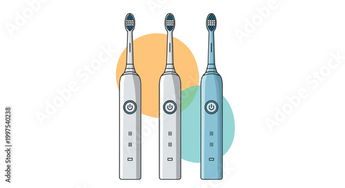 Set of modern electric toothbrushes in white and blue colors for daily dental hygiene and personal healthcare routines.