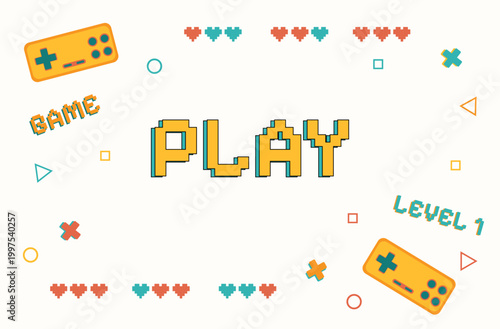 Retro gaming background with pixel art play text, gamepads and hearts. Old school video game interface concept for level one start screen