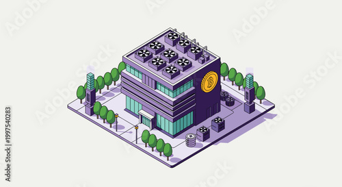 Isometric data center building with bitcoin mining farm logo featuring multiple industrial cooling fans on the roof and surrounding trees.