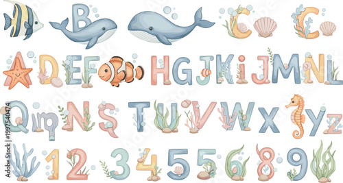 Photography Cute ocean alphabet vector set with sea animals letters numbers shells coral and