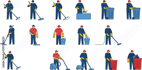Professional Cleaning Service Character Set Featuring Janitors and Sanitation Workers Mopping Floors Vacuuming and Collecting Trash for Commercial Maintenance and Industrial Housekeeping Graphics