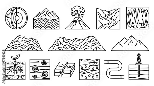 Set of geological earth science icons in vector line art