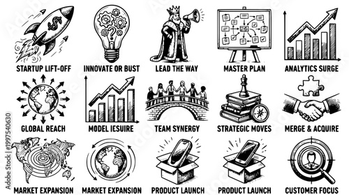 Collection of business icons featuring various corporate strategy growth concepts