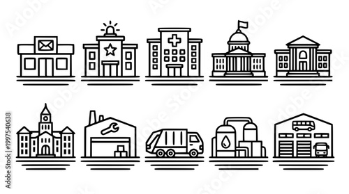 Collection of flat line icon illustrations of various public buildings