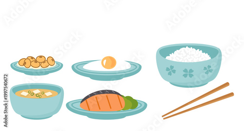 Traditional japanese breakfast set with rice bowl, grilled salmon, tofu soup, natto, egg, and chopsticks.