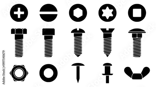 Set of black silhouette hardware fasteners and construction icons