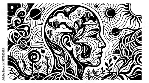 Abstract vector illustration of a human head filled with dreams and nature elements