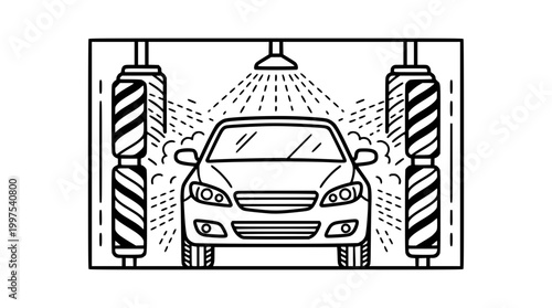 Black and white vector illustration of an automatic car wash