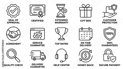 Collection of essential e-commerce guarantee and service vector icons