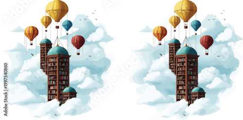 Surreal Fantasy Library Towers Floating in the Sky with Colorful Hot Air Balloons and Fluffy Clouds for Literary Adventure Imagination and Creative Education Concept Graphic Designs