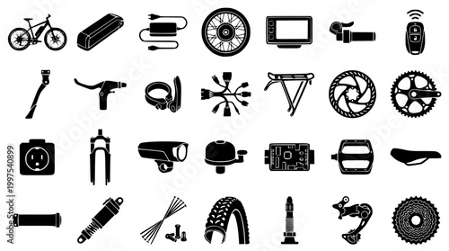 Collection of electric bicycle components and accessories vector graphic design