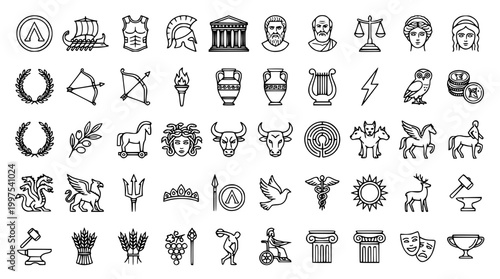 Collection of detailed black and white ancient greek icons