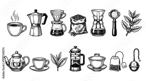 Collection of hand drawn coffee and tea brewing equipment vector