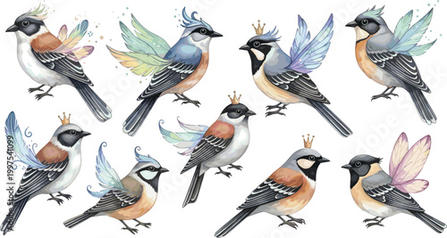 Fantasy bird vector collection with colorful wings crowns and magical details whimsical flying bird illustration set for decorative design