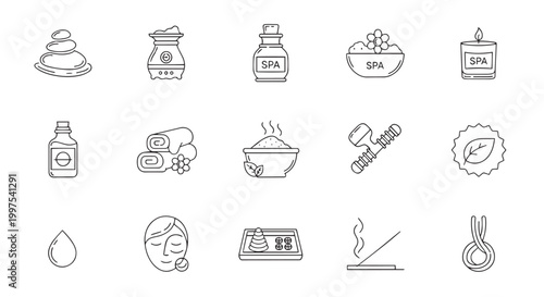Title: Spa and Wellness Center Beauty Therapy Line Icons Set