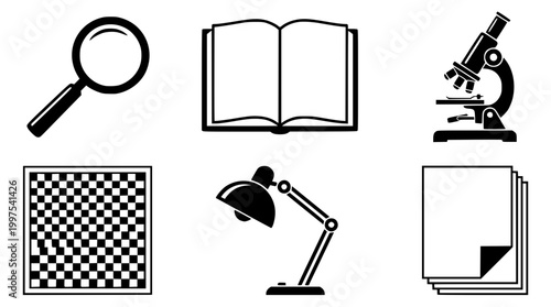 Set of black and white educational and research icons