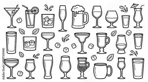 Set of various drink glasses in a doodle vector style