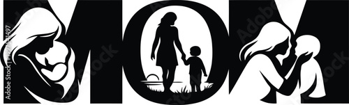 Mom word typography with mother and child silhouettes