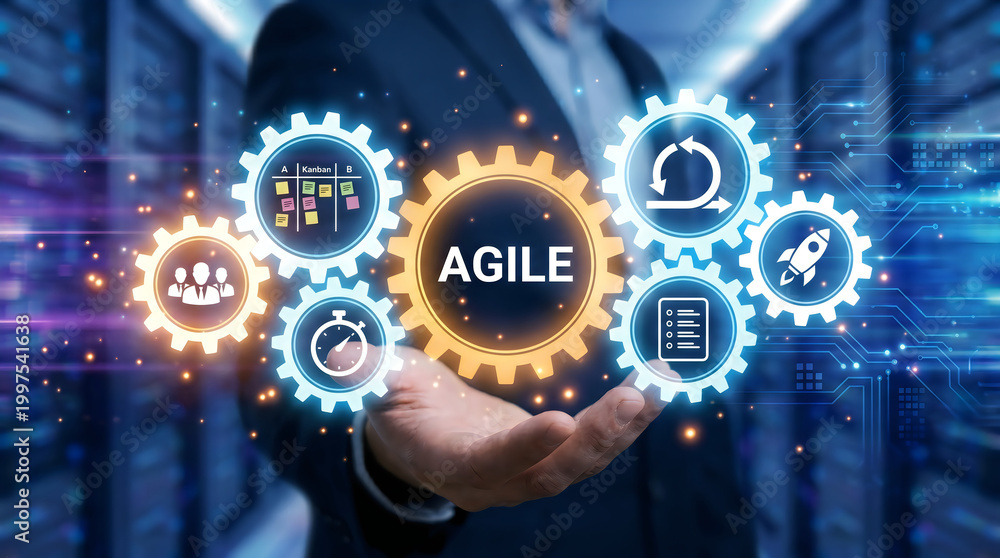 Fototapeta premium Hand holding agile gear icon with digital business strategy holograms and innovation symbols