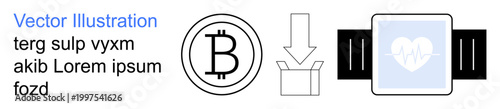 Finance, technology, health monitoring, cryptocurrency, data transfer, wearable devices. Bitcoin symbol, download arrow smartwatch with heart graphic. Cryptocurrency and technology innovations