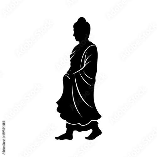 Silhouette of a walking Buddha statue, representing peace and serenity in Buddhism.